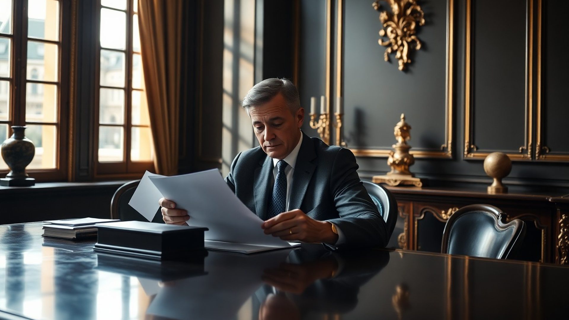 Zralý pár prohlížející si finanční dokumenty s poradcem u tmavého stolu