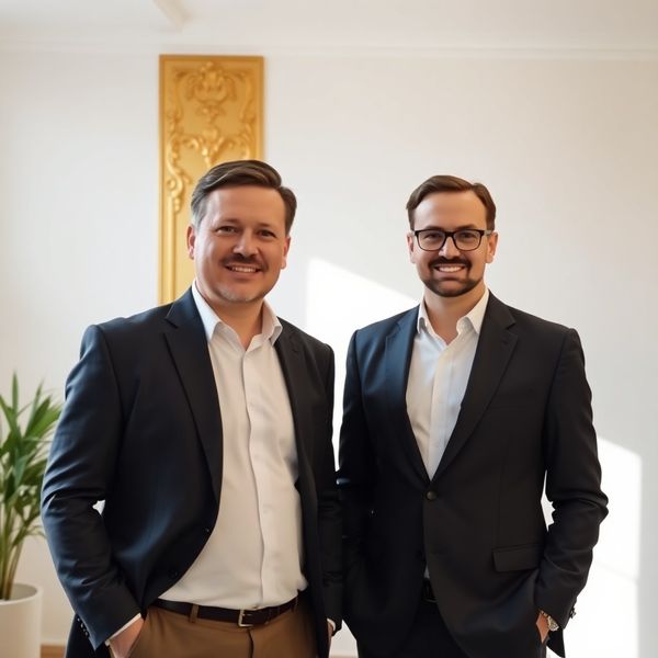 Dva finanční poradci v minimalistické kanceláři s uhlově šedými stěnami a zlatými akcenty